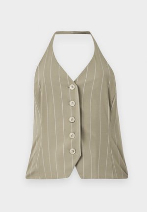 Top cu guler halter de culoare verde măslin deschis, cu dungi verticale albe, cinci nasturi pe față și un design ajustat cu un tiv evazat.