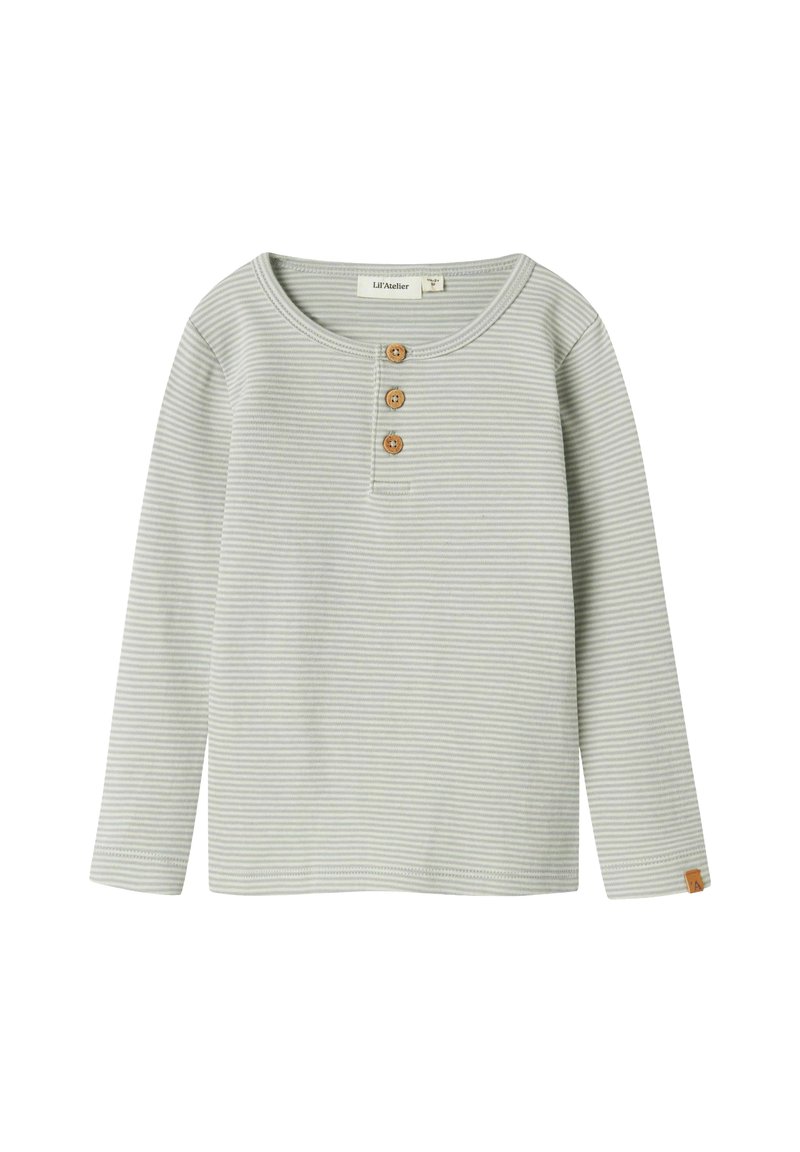 Langärmliges Hemd in Hellgrün mit weißen Streifen, das über einen runden Ausschnitt und drei Holzknöpfe an der Brust verfügt. Weiches, strukturiertes Material.