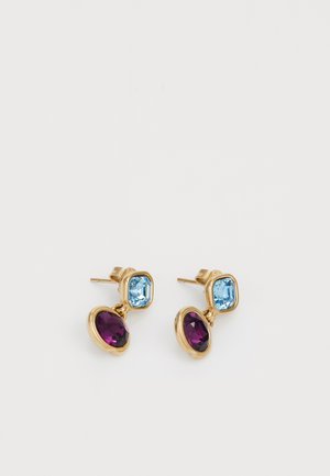 Gold-tone earrings with a rectangular blue stone and an oval purple stone, both set in smooth bezel settings.