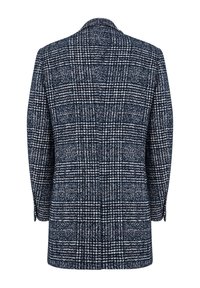 Marineblauw-witte geruite wollen jas met een gestructureerd ontwerp, voorzien van een reverskraag en lange mouwen, met dubbele achterventilaties.