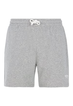 Sivé bavlnené šortky s elastickým pásom, bielym šnúrkou, bočnými vreckami a malým bielym logom na dolnej pravej strane.