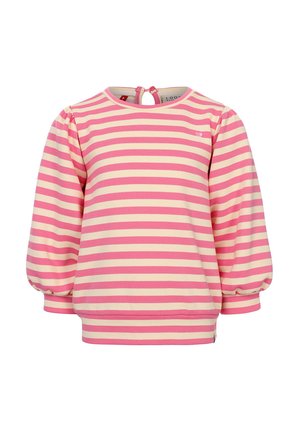 Gestreepte pullover in roze en crème, met pofmouwen, een ronde halslijn met een open rugsluiting en elastische manchetten.