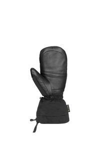 Schwarze Fäustlinge mit einem eleganten Design aus Leder und strukturiertem Stoff. Elastischer Bund und verstellbarer Zugmechanismus am Handgelenk.