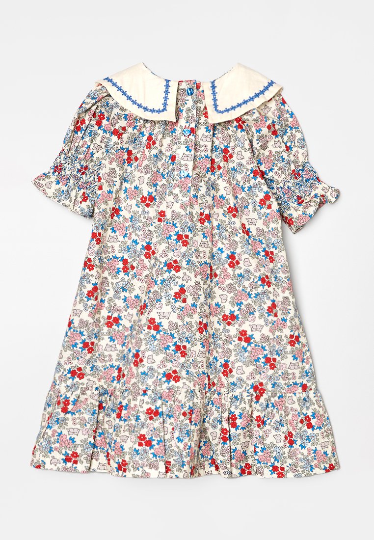 Blumenkleid mit einem cremefarbenen Kragen und blauen Stickereien. Der Stoff hat ein mehrfarbiges Blumenmuster, mit gerafften kurzen Ärmeln und einem ausgestellten Rock.