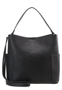 Black handbag with a textured snake pattern, featuring a rounded top, an adjustable shoulder strap, and side pockets. Smooth leather accents.