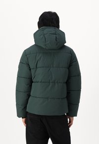 Green puffer jacket with a hood, featuring horizontal quilted sections and a relaxed fit, paired with black pants. Smooth, matte texture.