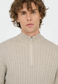 Junger Mann mit lockigem braunem Haar, der einen beigen Strickpullover mit kurzem Reißverschluss und hohem Kragen trägt.