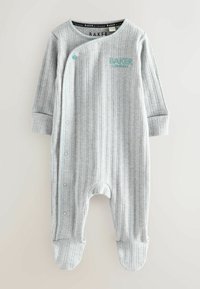 Szary pajacyk dla niemowląt w paski, wykonany z miękkiej tkaniny, z zapięciem na zatrzaski z przodu, ściągaczami na rękawach oraz nadrukiem "BAKER LONDON".