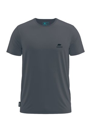 Graues T-Shirt mit kurzen Ärmeln aus einem weichen Material. Verfügt über ein kleines Bärenlogo und den Markennamen, der auf der oberen linken Brust aufgedruckt ist.