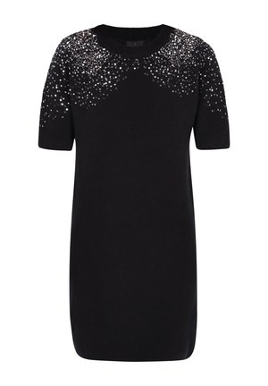 Robe en maille noire à manches courtes, ornée de sequins sur les épaules, avec un col rond classique. Texture douce.
