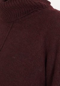 Maglione dolcevita color marrone scuro con collo a costine e tessuto lavorato a maglia con trama, caratterizzato da una vestibilità ampia e dettagli sottili sul tessuto.