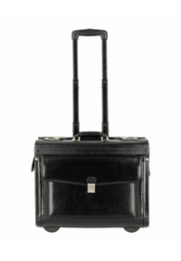 Black leather wheeled briefcase with retractable handle, front pocket with metal clasp, smooth texture, and rounded wheels for mobility.