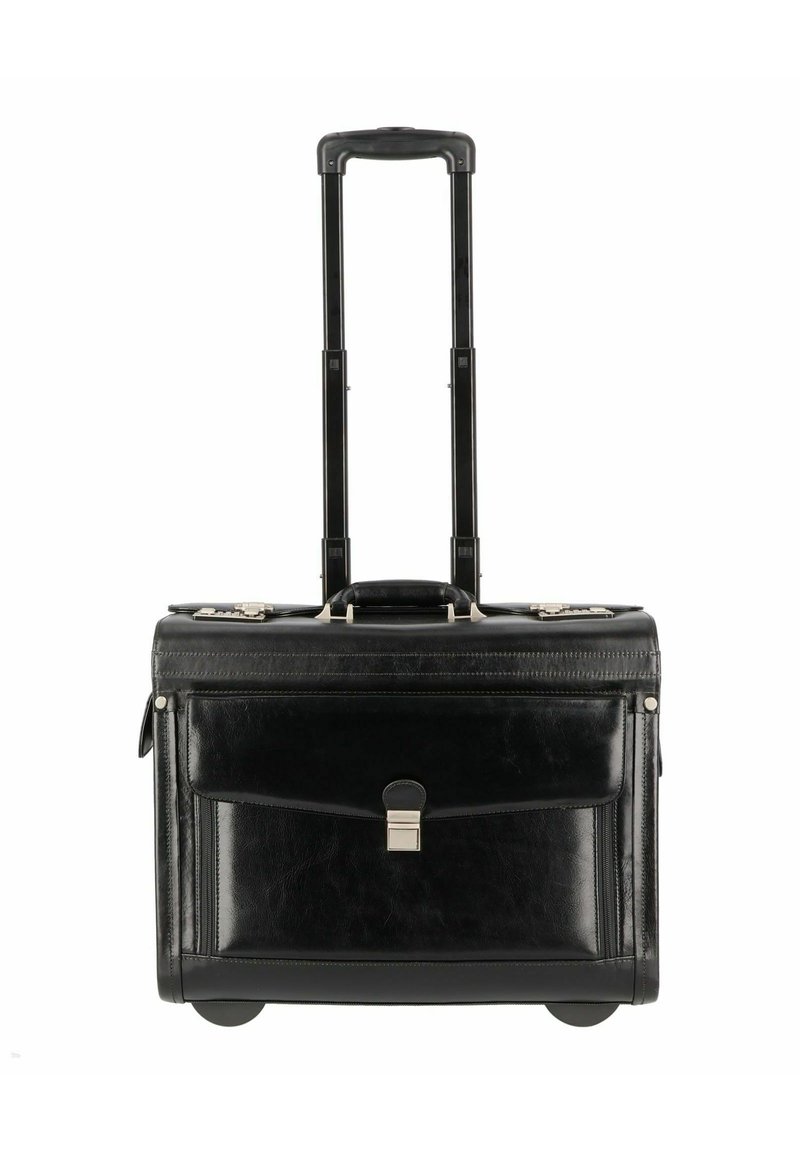 Black leather wheeled briefcase with retractable handle, front pocket with metal clasp, smooth texture, and rounded wheels for mobility.