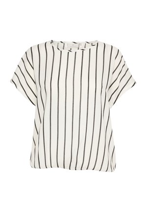 Balta un melna īsām piedurknēm svītrainā blūze ar brīvu piegriezumu, apaļu kakla izgriezumu un mīkstu audumu. Vertikālās svītras ir vienmērīgi izvietotas.