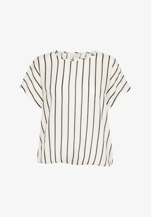 Krátký rukáv pruhovaný top v bílé a černé barvě s volným střihem, kulatým výstřihem a měkkou tkaninou. Svislé pruhy jsou rovnoměrně rozložené.