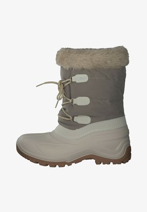 Winter boot featuring a light beige rubber base, grey textile shaft, faux fur cuff, and decorative lace with three toggle closures.