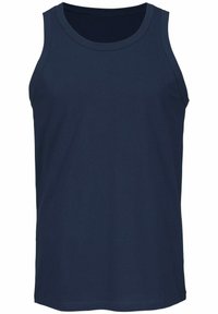 Tamsiai mėlynas tankas, pagamintas iš medvilnės mišinio, su apvaliu iškirpimu, be rankovių ir plokščiomis siūlėmis. Lygus paviršius su paprastu dizainu.