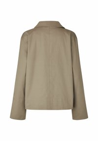 Bež jakna s dugim rukavima, širokim manžetama i klasičnim ovratnikom, prikazana s leđa na bijeloj pozadini.