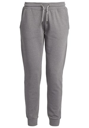 Gray sweatpants with an elastic waistband and drawstring. Features two side pockets and tapered cuffs at the ankle. Soft fabric texture.