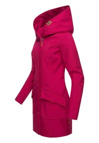 Pink waterproof jacket with a large hood, front zipper, two large pockets, and a textured fabric. Features a logo on the chest area.