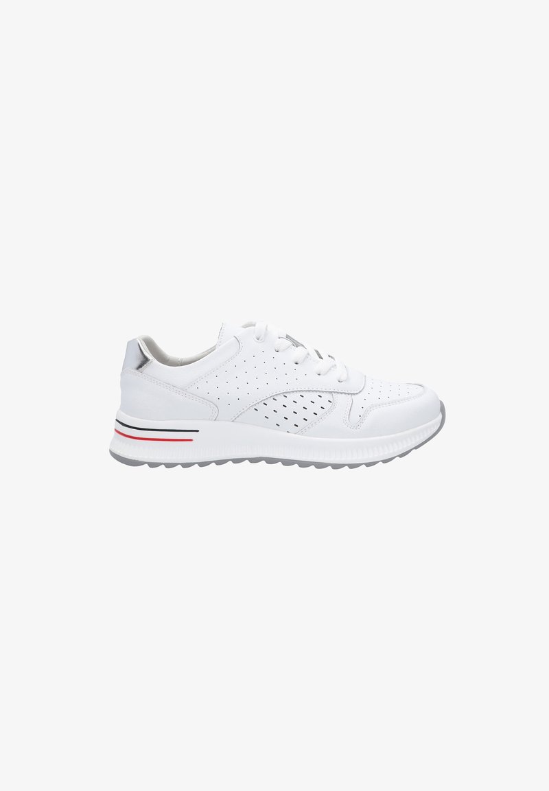 Baskets blanches avec un dessus perforé, des laces et une semelle rembourrée. Présente une semelle extérieure grise et des rayures d'accent rouge et noir sur la semelle intermédiaire.