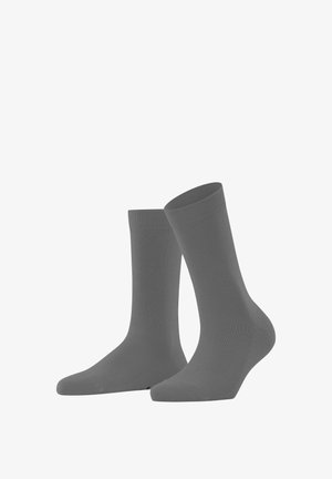 Pair of plain mid-calf grey socks displayed side by side on a white background.