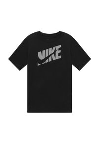 Svart kortärmad T-shirt tillverkad av tyg med en slät textur, med en stor, grå Nike-logotyp över framsidan.