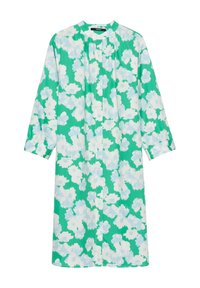 Abito verde con un motivo floreale in bianco e azzurro chiaro, con scollatura rotonda e maniche a tre quarti. Tessuto dalla texture liscia.