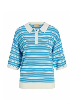 Blå og hvide vandrette stribede kortærmede polo med hvid krave, knaplukning og ribbede kanter.