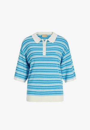 Blå og hvide vandrette stribede kortærmede polo med hvid krave, knaplukning og ribbede kanter.