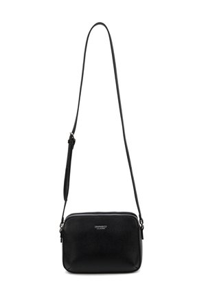 Borsa a tracolla rettangolare nera con tracolla regolabile, cerniera argento e logo "DIANA&CO Collection" al centro frontale.