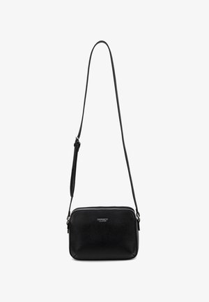 Borsa a tracolla rettangolare nera con tracolla regolabile, cerniera argento e logo "DIANA&CO Collection" al centro frontale.