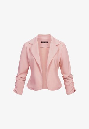 Light pink blazer made of soft fabric, featuring a shawl collar, long sleeves with gathered detailing, and an open front design.