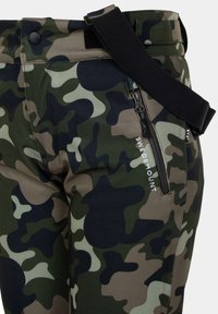Tarnhose mit figurbetontem Design in Grüntönen und Schwarz, ausgestattet mit einer Reißverschlusstasche und einem abnehmbaren schwarzen Gürtel.