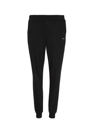 Pantaloni jogger neri realizzati in tessuto morbido con vita elastica, tasche laterali e design a gamba affusolata. Piccolo dettaglio con marchio vicino all'anca.