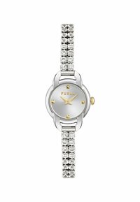 Furla ur med en sølvfarvet rund urskive, guld time markører, bezel og et glitrende krystaldækket rem for et raffineret look.