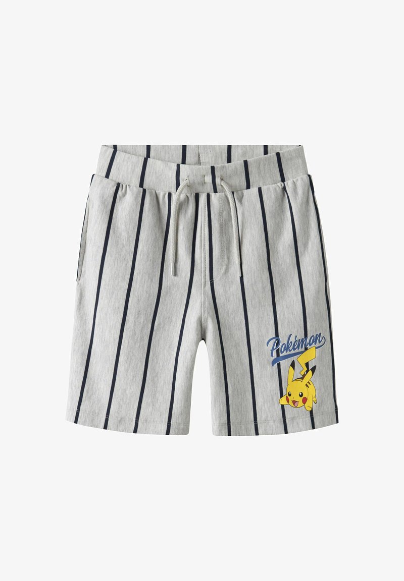 Gray shorts with navy vertical stripes, drawstring waist, and a Pikachu graphic with "Pokémon" text printed on the left leg.