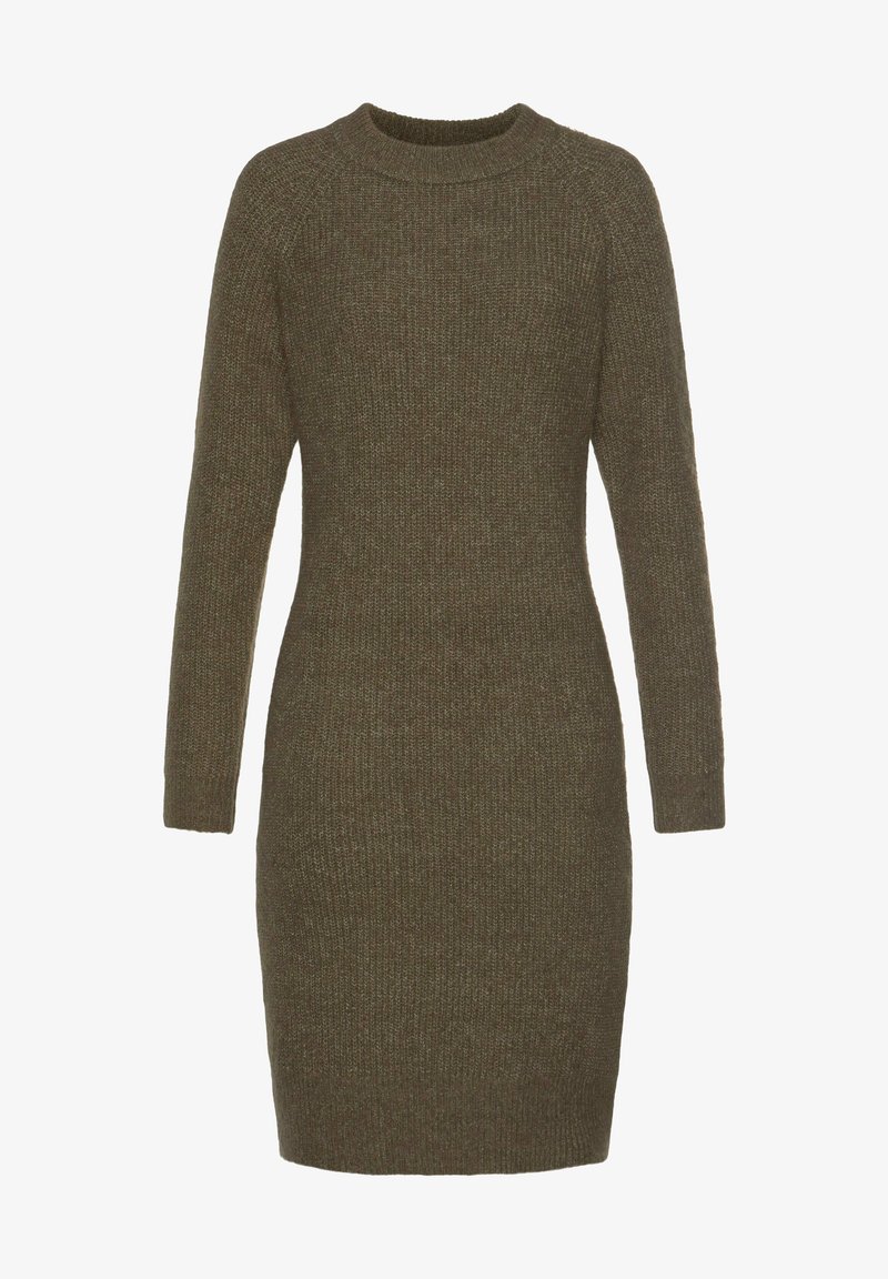 Robe pull en maille à manches longues vert olive avec encolure ronde et silhouette ajustée.