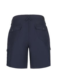 Marina blå cargoshorts i lätt tyg, med dragsko i midjan och två sidofickor med lock.