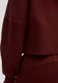 Cropped sweatshirt color bordeaux con texture a coste e dettagli a pannello. Presenta maniche ampie e una finitura liscia.
