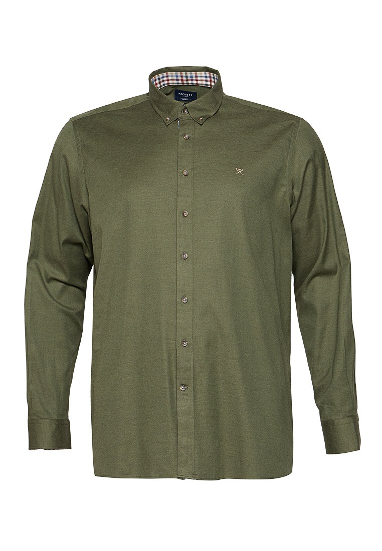 Olivgrünes Langarmhemd mit Button-Down-Kragen und kariertem Innenfutter. Es hat ein kleines Logo über der linken Brusttasche.