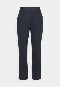 Marineblauwe rechte broek gemaakt van een gladde, zachte stof met een traditionele tailleband en zakken, zonder zichtbare patronen of versieringen.