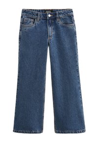 Jean en denim à jambes larges en bleu foncé. Comprend cinq poches, fermeture par bouton et couture contrastée. Le matériau a une texture douce.