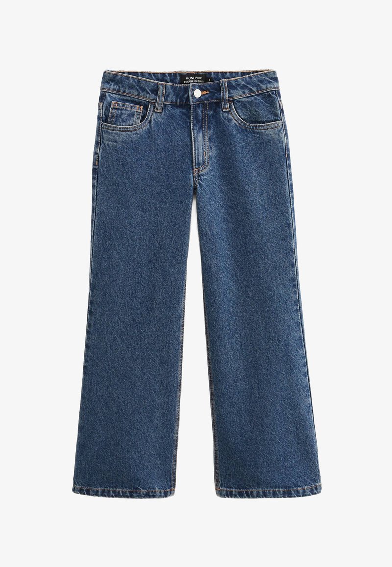 Jean en denim à jambes larges en bleu foncé. Comprend cinq poches, fermeture par bouton et couture contrastée. Le matériau a une texture douce.