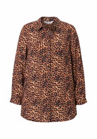 Camicia a maniche lunghe con stampa leopardata in arancione e nero, dotata di colletto, chiusura frontale con bottoni e una tasca sul petto. Tessuto morbido.