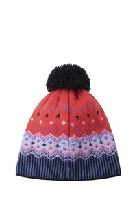 Włóczkowa czapka z pomponem, ozdobiona wzorami w kolorach czerwonym, niebieskim i purpurowym, z teksturowanym brzegiem z poziomymi paskami u dołu.