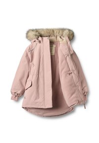 Różowa ocieplana kurtka z kapturem obszytym futerkiem, zatrzaskami, polarem w środku oraz elastycznymi mankietami. Posiada boczne kieszenie i luźny krój.