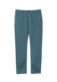 Chinos w kolorze turkusowym o klasycznym kroju, z kieszeniami z przodu, zapięciem na guziki oraz szlufkami na pasek. Wykonane z gładkiego, lekkiego materiału.