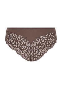 Braune Spitzenunterwäsche mit Blumenmuster, halbtransparenten Spitzenseiten und einer glatten Stoffvorderseite für bequemen Tragekomfort. Die Ränder sind mit zarten gewellten Abschlüssen verziert.