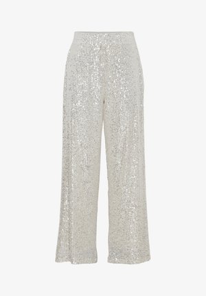 Wide-leg trousers made of sequined fabric in silver, featuring a stretchy waistband and a smooth texture, reflecting light with a shiny finish.